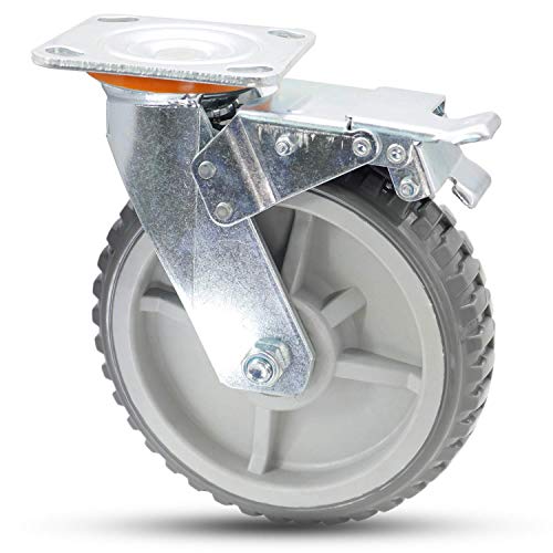 Casoter 8" Gray Swivel Caster Wheel W/Safety B6 Dual Locking Brake, Polyurethane Pu Wheel With Tyre Veins Industrial Heavy Duty Caster, Double Ball Bearing Moving Silent 770Lbs Load Capacity #TOP4