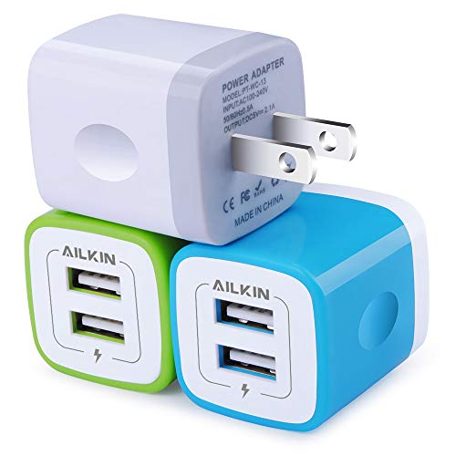 Wall Charger, AILKIN [3-Pack] 5V/2.1AMP Colorful Dual Port USB Wall Charger Home Travel Plug Power Adapter for iPhone 7/7 Plus, 6s/6s Plus, Samsung Galaxy S7 S6, HTC, LG, Table, Motorola and More