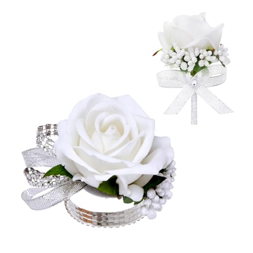 Vkkperp 2Pcs White Rose Corsage and Boutonniere Set, Corsage Wristlet Band for Prom Decorations, Artificial Boutonniere for Men Wedding Party Suit Flower Accessories