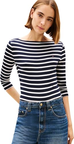 Tommy Hilfiger Donna Maglietta Maniche Lunghe New Cody Slim Scollo a Barca, Multicolore (NOS Breton Desert Sky/Ecru), XS