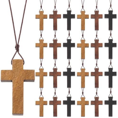 Ecation 12 Cs Wood Cross Necklace Bulk for Bible Verse Party Favor 3 Color Wood Cross Pendant Necklace Wooden Crucifix on Cord Christian Gifts