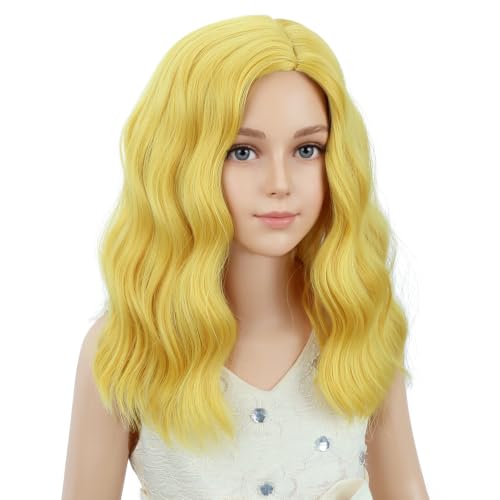 Image of PATTNIUM Golden Short Curly Wavy Wigs for Kids Girls Golden Blonde Side Part Shoulder Length Heat Resistant Synthetic Wig Halloween Cosplay Costume Party Daily Wigs