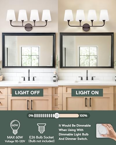 Image of Bathroom Light Fixtures, 4 Light Oil Rubbed Bronze Vanity Lights with Flared White Fabric Shade, 28 Inch Wall Sconce, Vintage Sconces Wall Lighting for Hallway Bedroom, VL837-ORB-4