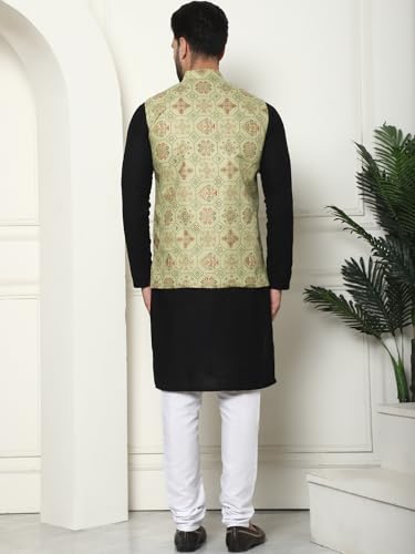 Image of SOJANYA (Since 1958 Men's Cotton Linen Maroon Kurta and White Pyjama with Mustard Cotton Nehru Jacket