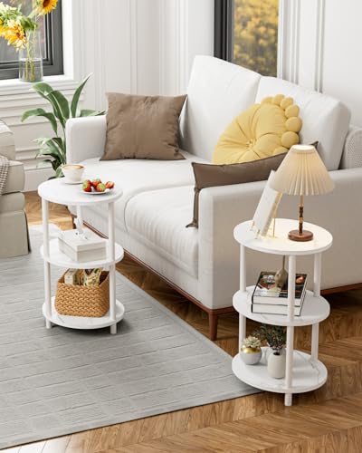 Image of Small Round Side Table - 3-Tier Oval Accent Table for Small Spaces, Rustic Wood and Metal Couch End Table, Nightstand for Bedroom or End Table Living Room, Set of 2, Marble White