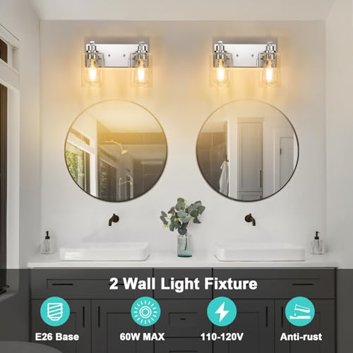 Image of 2-Light Bathroom Light Fixtures Modern Chrome Vanity Lights | Easy to Install Clear Glass Shades, Wall Mount Up or Down, E26 Socket, Hardwired, 125V
