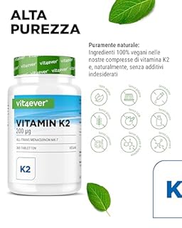 Vitamina K2 MK7-365 compresse - 200 µg per compressa - Contenuto interamente trans >99,7% di menachinone MK-7 - Dosaggio elevato - Nessun additivo indesiderato - Vegano