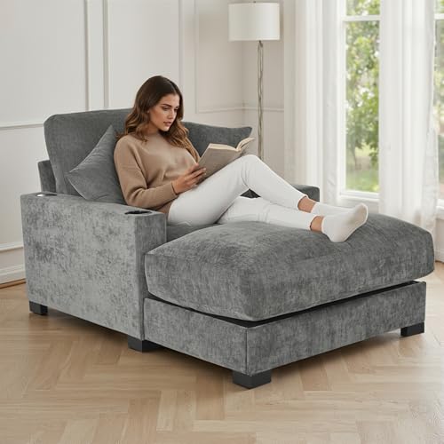 Kvutx 41 Inches Chaise Lounge Indoor Comfy Reading Chair with 2 Pillows,USB Charger Cup Holder...