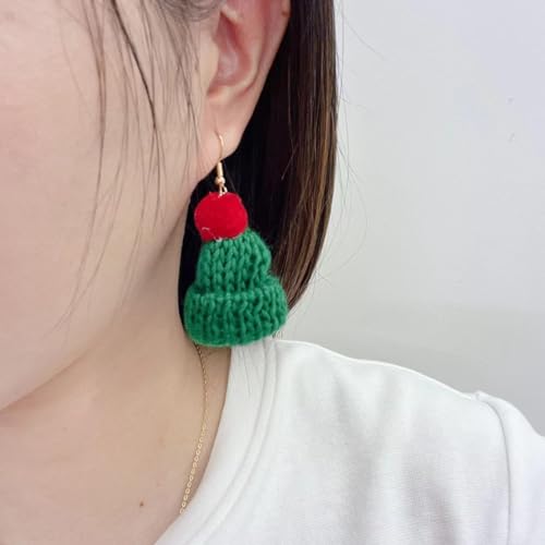 Christmas Hats Knitted Beanie Dangle Drop Earrings for Women Girls Lovely Knitted Santa Hat Dangling Hook Hoop Earring Studs Red Ball Cute Jewelry Gifts for Christmas Xmas Party BFF2