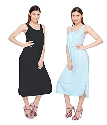 vibha n art of dressing Women's Hosiery Cotton Solid Full Length Camisole (Aqua Blue, Black, Free Size) - Combo of 2-picture-36