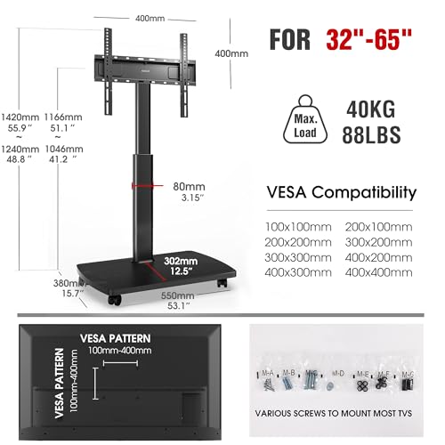 AOKCOS Rolling TV Stand for 32-65 in TVs Holds up to 88lbs-Max Vesa 400 x 400mm-Mobile TV Floor Stand with 8 Level Height Adjustment-60 Degree Swivel TV Stands for Living Room by AOKCOS - Image 8