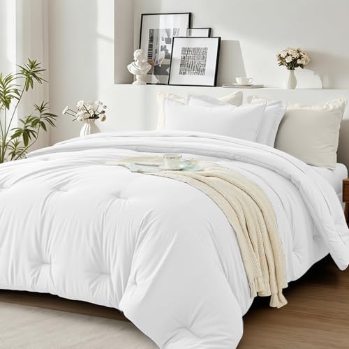Easthome Twin Comforter Set 5 Pieces - Ultra-Soft Bed in a Bag Twin Size, Cozy Luxury All Season Bedding Sets with Comforter, Flat Sheet, Fitted Sheet, 1 Pillow Shams & 1 Pillowcases, White