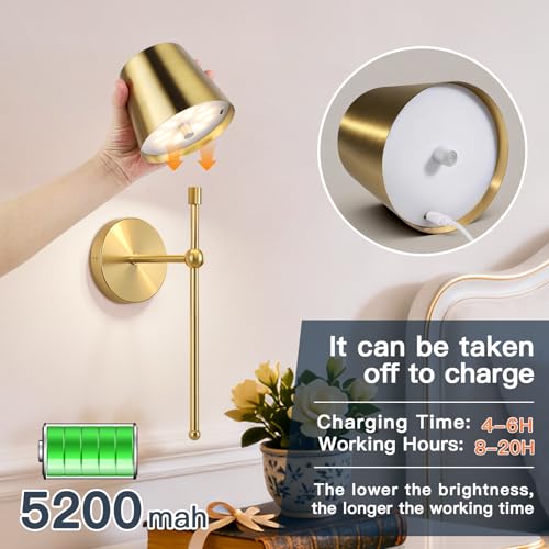 Image of TaoFiaCo Battery Operated Wall Sconces Set of 2,Wireless Wall Sconce Gold | 5200mAh Rechargeable, Remote, Timer, Dimmable, Cordless Wall Light for Bedroom Living Room, Hallway, Light Decor