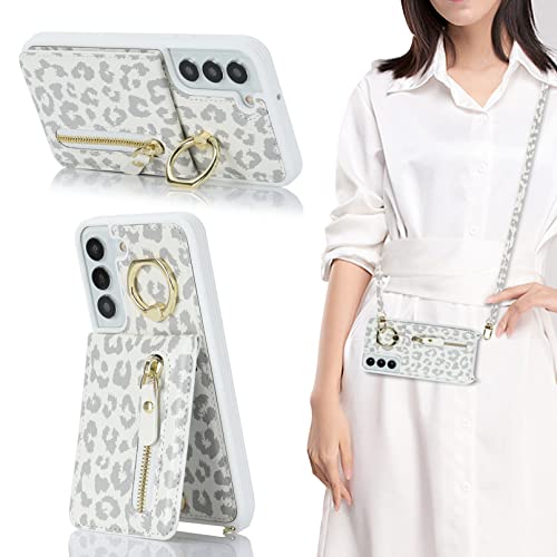 Jaorty Samsung Galaxy S21 5G Phone Case For Women With Card Holder,Samsung S21 Case Wallet Crossbody Lanyard With Strap,Credit Card Slots Kickstand Case With Ring Holder,6.2 Inch,White Leopard #TOP2