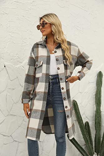 Seekme Women's Long Plaid Shirt Jacket Shacket Lapel Button Down Woolen Blend Casual Tartan Over Shirt Trench Coat (Dark Grey, X-Large) #TOP3