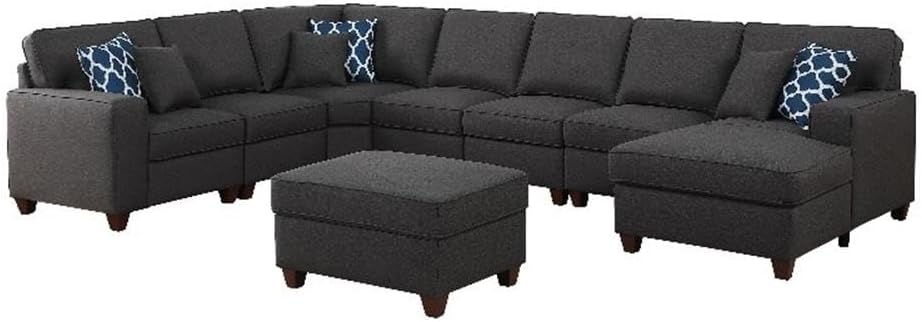 Devion Furniture 8-Piece Modern Square Arm Chenille Fabric Upholstered Sectional with Ottoman, Easy to Assemble, in Dark Gray Finish
