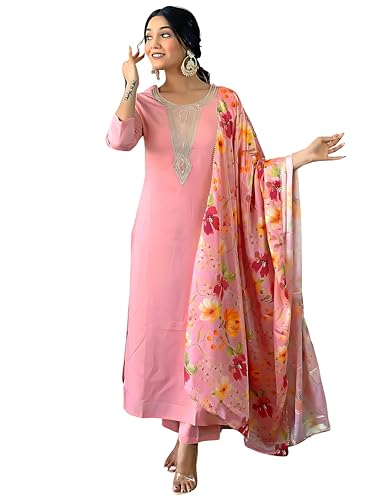Image of Naixa Women's Firoji Rayon Blend Embroidered and Printed Straight Kurta with Rayon Blend Pant and Chinon Printed Dupatta Sets