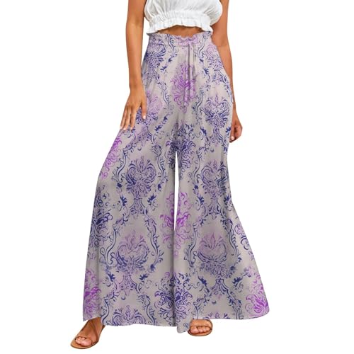Pantalon palazzo femme à taille haute élastique avec poches pratiques