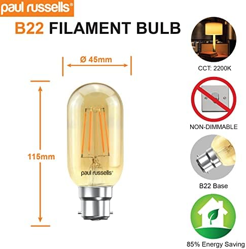 paul russells LED Filament T45 Light Bayonet Cap B22D, 35w Equivalent Replacement Antique Bulb, BC 4W 380LM LED 2200K Amber Bulbs, Decorative Ceiling Fittings Energy Saving Lightbulbs, Pack of 6