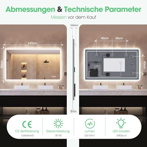 S’bagno Badspiegel-mit-Beleuchtung 140x80cm, Led-Badezimmerspiegel-mit-Licht, Bluetooth, Entfoggen, 3 Farben, Dimmbar, Speicherfunktion, Gehärtetes Glas, IP44 Wasserdicht, Horizontal/Vertikal