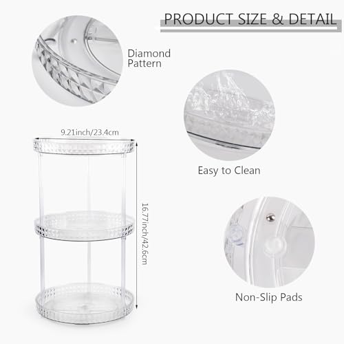 Runivor 360 Clear Rotating Makeup Organize for Vanity,3 Tiers Lazy Susan with Diamond Pattern, Large-Capacity Skincare Organizers Cosmetic Display Case Organizer for Dresser (Clear White, 3Tiers)