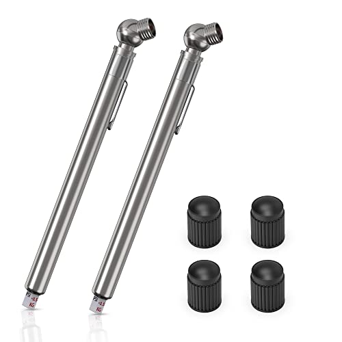 Heavy-Duty Pencil Tire Pressure Gauge 2-Pack | 10–75 PSI Stainless Steel Air Gauge for Cars, Motorcycles, Bikes, RVs | Includes 4 Valve Stem Caps
