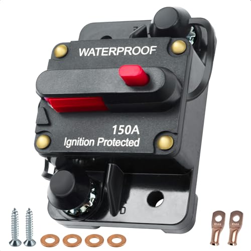 150 amp Circuit Breaker, Manual Reset Inline Fuse Waterproof Circuit Breaker for Car Marine Trolling Motors Solar System, 12V-48VDC with Wire Lugs Copper Washer