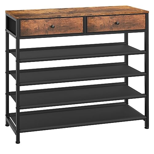 usikey Shoe Rack, 5 Tier Shoe Storage Organizer with 2 Drawers, Metal Shoe Shelf for 16-20 Pairs of Shoes, with 4 Fabric Shelves and Wooden Top, Shoe Stand for Closet Entryway, Rustic Brown