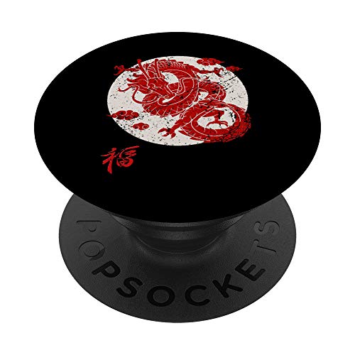 Oriental Red Dragon Design With Rising Sun and Character Kid PopSockets PopGrip: Impugnatura per Telefoni Cellulari e Tablet Intercambiabile