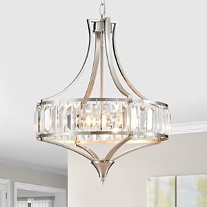 Brushed Nickel Crystal Chandeliers for Dining Room, Modern Round Light Fixture for Kitchen Hallway Bedroom Foyer Living Room, 4 Lights Farmhouse Adjustable Height Hanging Light, 16 Inch
