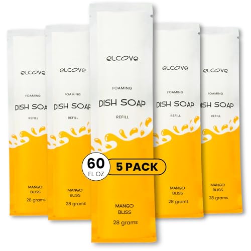 Elcove Foaming Dish Soap Refill Eco Friendly (5pk), Concentrated Powder Refills Make 5 Bottles x 12oz each of Non Toxic Dishwashing Soap or Dish Soap Spray, Plastic Free, Septic Safe