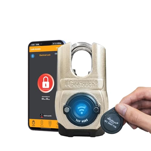 eGeeTouch Candado inteligente para exteriores de 5ª generación – (diseño único, anticorte) Bluetooth sin llave y bloqueo NFC, seguridad resistente a la intemperie para puertas, cobertizos y bicicletas