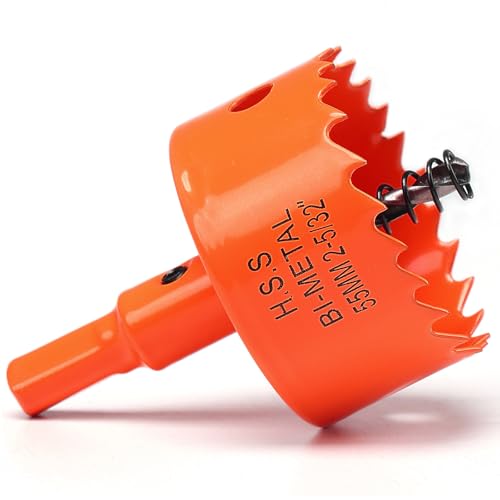 Sega a tazza da 55 mm, arancione, in acciaio rapido HSS M42, bimetallico, fresa a tazza con codolo esagonale e punta con profondità di taglio di 30 mm, per legno, cartongesso e lamiera metallica