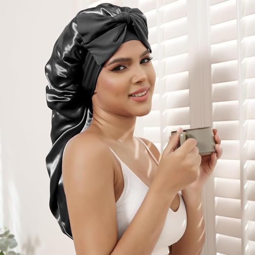 2pcs Bonnet Sleep Cap und 2pcs Haargummi Schwarz , Seidenhaube Zum Schlafen Lange Haare Haar Haube Zum Schlafen Seiden Haarhaube für Die Nacht Seidenhaube Haare Schlafhaube Seide Lange Haare SchüTzen