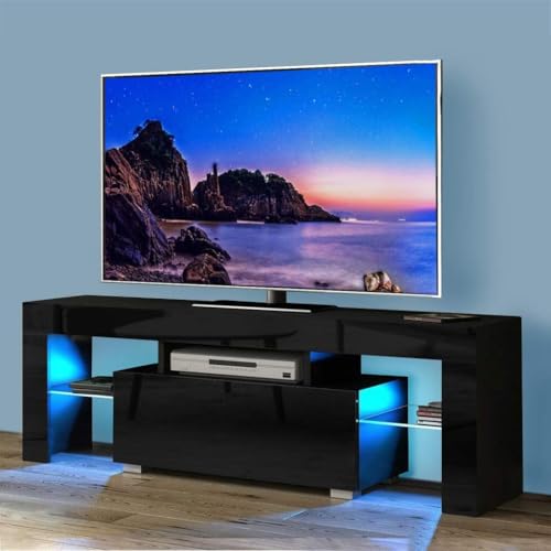 HomeSailing テレビ台 ブラック 幅130cm 鏡面仕上げ LEDライト付き ローボード ガラス棚 引出付き tv台 木製 テレビボード リビング 組立品 黒色