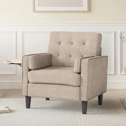 Image of Chenille Accent Chair, Mid Century Modern Arm Chair with Foldable Wooden Side Table & Cup Holder - Comfy Reading Chair for Bedroom,Living Room Chairs,Sofa Chair Set of 2,Beige