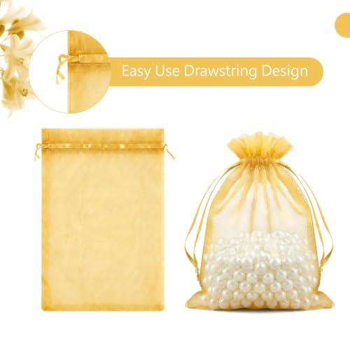 Image of FUNFERY 100PCS Gold Organza Gift Bags 4x6in,Drawstring Pouch for Jewelry