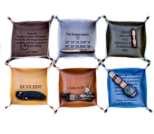 Personalized Leather Valet Tray and Catchall, Handmade in the USA using Full Grain Italian Leather, Customized gift for Him for Anniversary, Fathers Day or Christmas