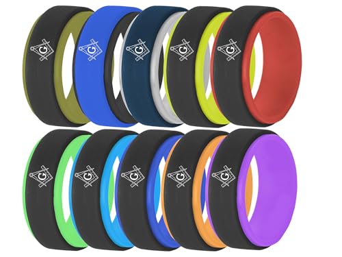 10 Colors Set-Freemason Compass Symbol Masonic Two-Tone Silicone Rings 8mm Breathable Rubber Step Edges Engagement Promise Rings Wedding Band,Size 9