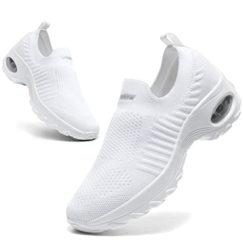 Hanani Chaussure Sport Femme sans Lacets Basket de Marche Femme Tennis Confortables Léger Tendances Blanc 39 EU