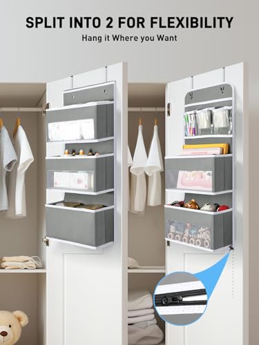 Image of Yecaye 6-Tier Over the Door Storage Organizer, Flexible 1 Split into 2 Swing-proof Hanging Bathroom Storage Organization, Bedroom Organizer and Storage for Newborn Baby Essentials, Grey