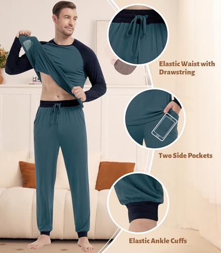 Image of NACHILA Mens Pajamas Set Long Sleeve Henley Sleepwear Top Soft Jogger Pants Pajamas Cool Pjs Set,Viscose Made from Bamboo