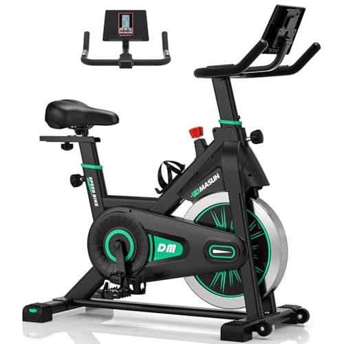 [2026 Model] DMASUN Exercise Bike with Large Tablet Holder & LCD Display, Quiet Indoor Cycling Bike for Home Training Cardio with Heavier Flywheel, 0-100% Resistance Spin Bike with 350LBs Capacity
