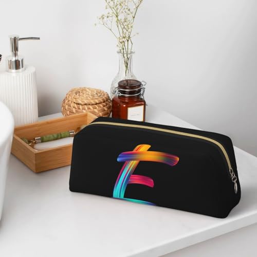 Image of Cute Initial Pencil Case for Kids Simple Leather Pencil Pouch for Boys Girls Letter Design Pencil Box Pen Bag Pencil Pouch Office Stationery Organizer, Rainbow Letter E