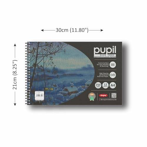 Image of Anupam Pupil Black Toned Watercolour Paper Wire-O Book - Cold Press Paper - 250 GSM - 12 Sheets - A4