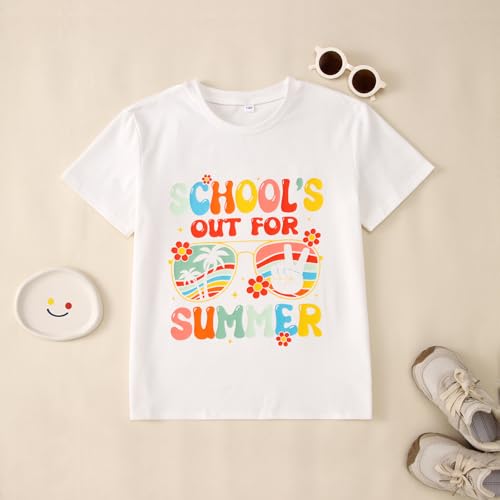 Image of MODNTOGA Girl Last Day of School Shirt Big Kid School's Out for Summer T-Shirt Flower Sunglasses Graphic Short Sleeve Tee Top (White, 10-11 Years)