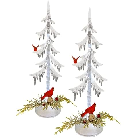 Christmas Icicle Tree Decorations with Cardinals, Light Up Holiday Home Decor with White Glitter and Birds, Set of 2, 13 Inches Cover