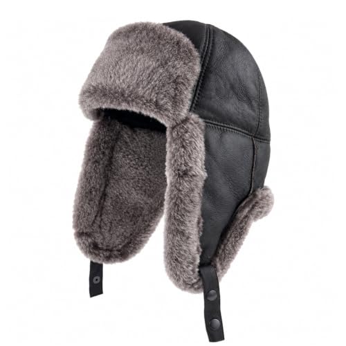 Image of Leather Aviator Russian Ushanka Trapper Shearling Sheepskin Fur Ear Flap Waterproof Winter Hat