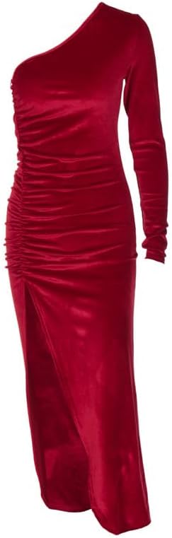 Averis Women's new Spring and Autumn Fashionable Slanted Shoulder Long-Sleeved Slim Pleated Slit Dress