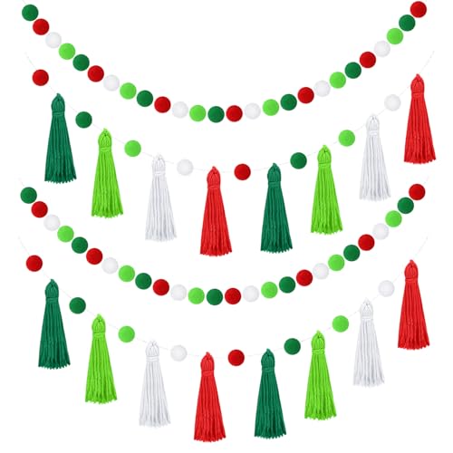 Image of MARFOREVER 4 Pack 26.3 Ft Christmas Pom Pom Garland Party Supplies Decor | Red Green White Christmas Felt Ball Garland, Xmas Tassel Garlands, Xmas Tree Holiday Home School Birthday Hanging Decoration